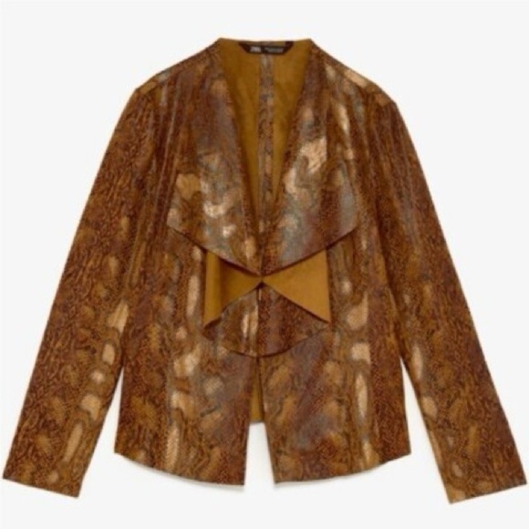 Zara Brown Snake Print Faux Suede Blazer Jacket Open Waterfall Collar Small - Picture 2 of 16